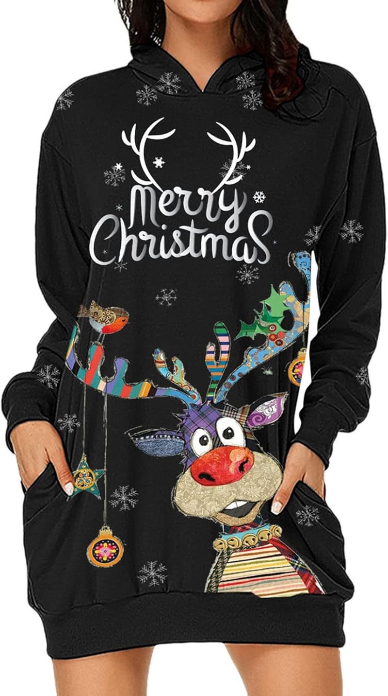woobles Hoodie Dress, Womens Hoodie Dress Christmas Pattern Print Polyester Casual for Shopping - Image 5